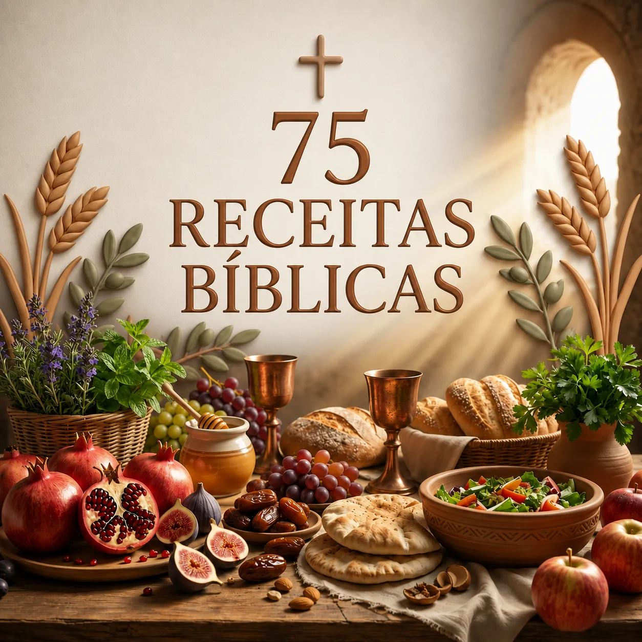 Mesa farta com pães, frutas e azeite, alimentos da criação